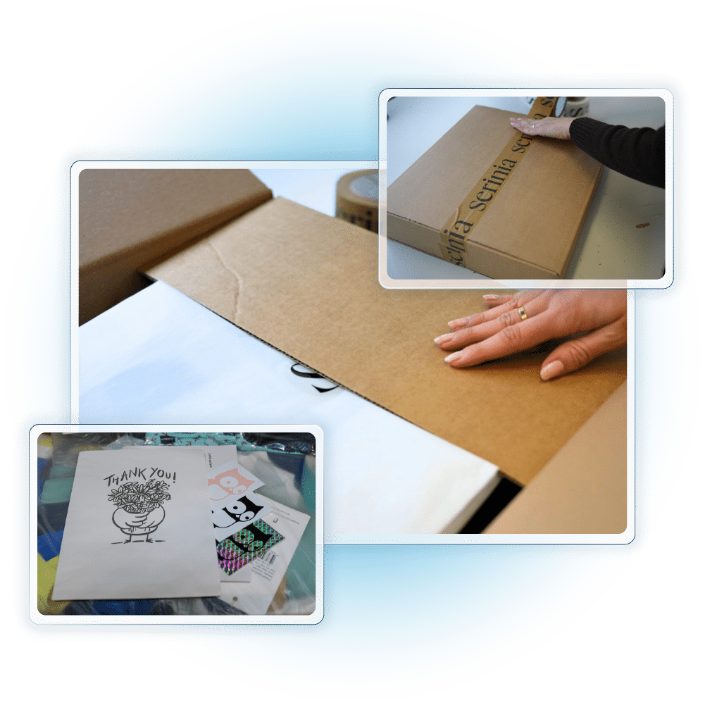 Beile-Flyer und Sticker, Seidenpapierverpackung und gebrandetes Klebeband.