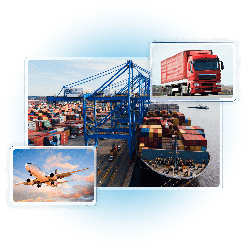 Weltweiter Versand mit MS Direct Fulfillment: Containerschiff im Hafen, LKW auf der Strasse und Frachtflugzeug für internationale Logistiklösungen