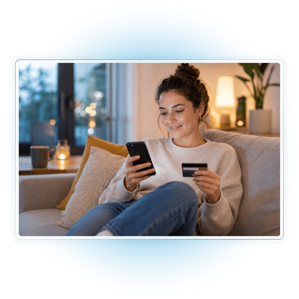Frau kauft abends auf dem Sofa mit Smartphone und Kreditkarte in einem Online-Shop ein