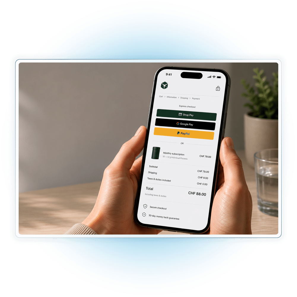 Smartphone-Checkout eines Online-Shops mit Bezahlmethoden und Preisen in CHF inklusive Steuern und Zoll